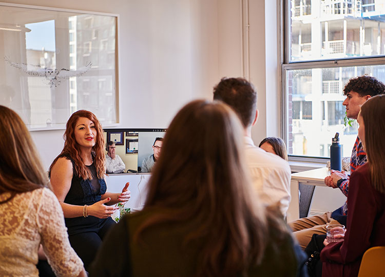 Communications agency Exponentiel's team during a team meeting lead by Véronique Arsenault, Founding President